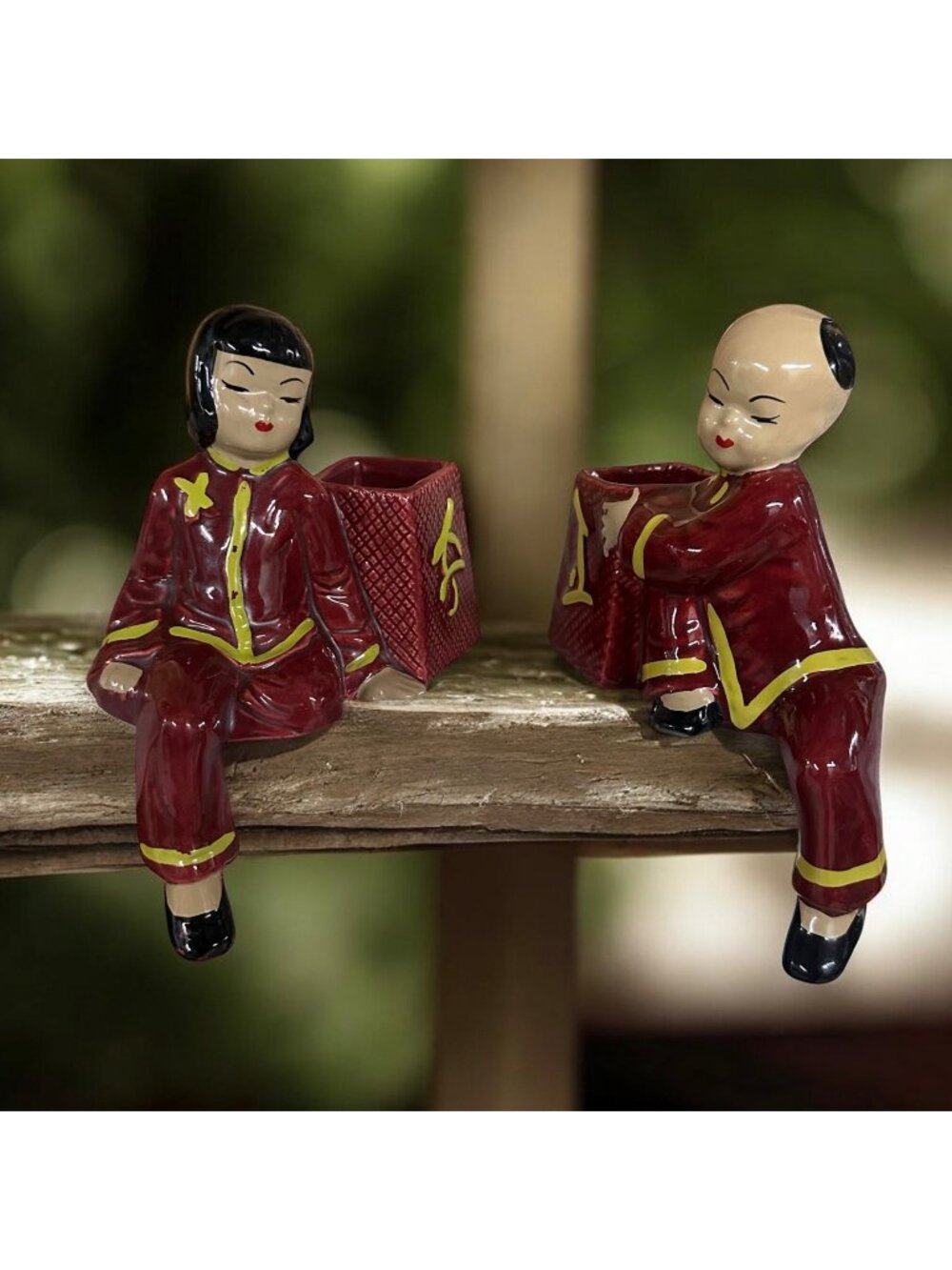 Vintage Shelf Sitters Planters Boy Girl Figurines Mid Century Asian Style Decor